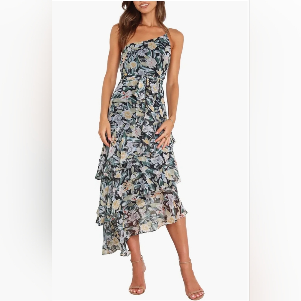 Amren Floral One-Shoulder Tiered Asymmetric Dress Size 12